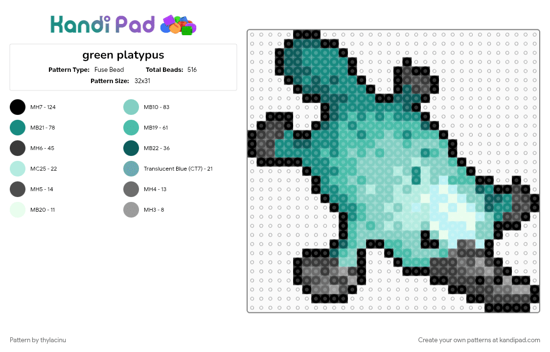 green platypus - Fuse Bead Pattern by thylacinu on Kandi Pad - animal, animals, light blue, platypus, teal