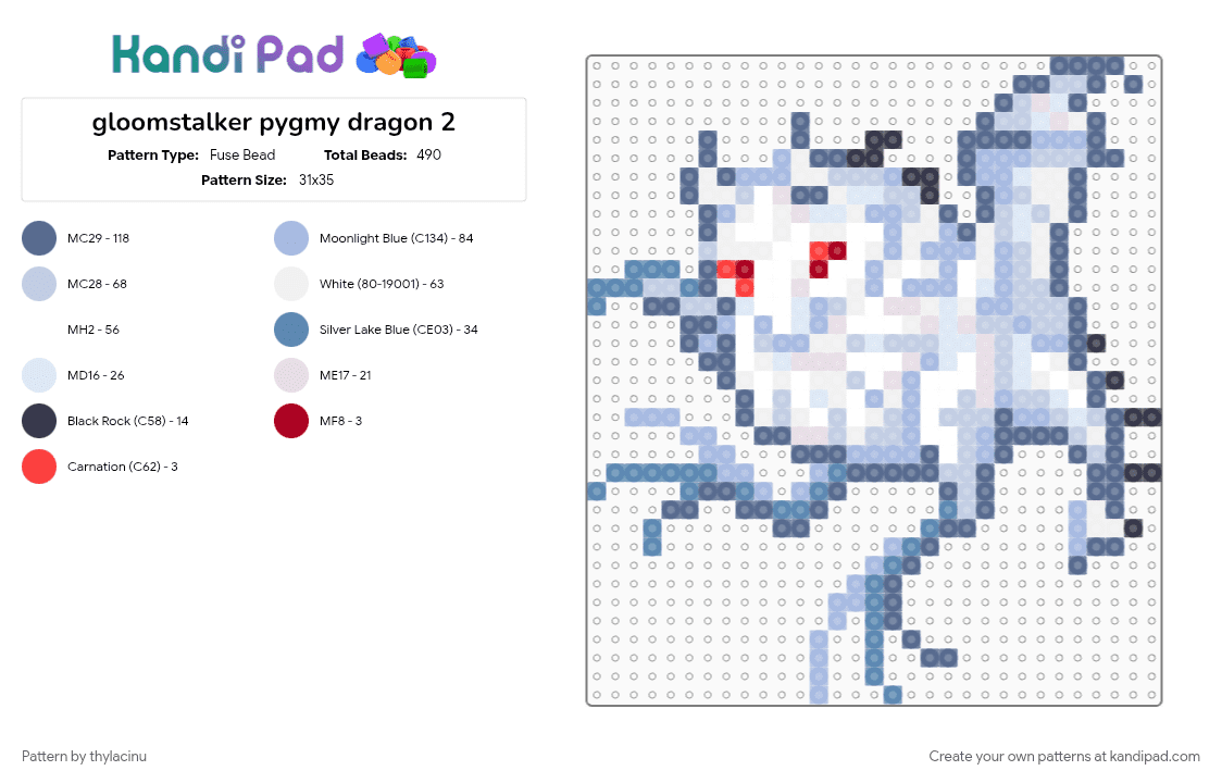 gloomstalker pygmy (dragcave) - Fuse Bead Pattern by thylacinu on Kandi Pad - animal, blue, creature, dragon, fantasy, light blue, sprite, white