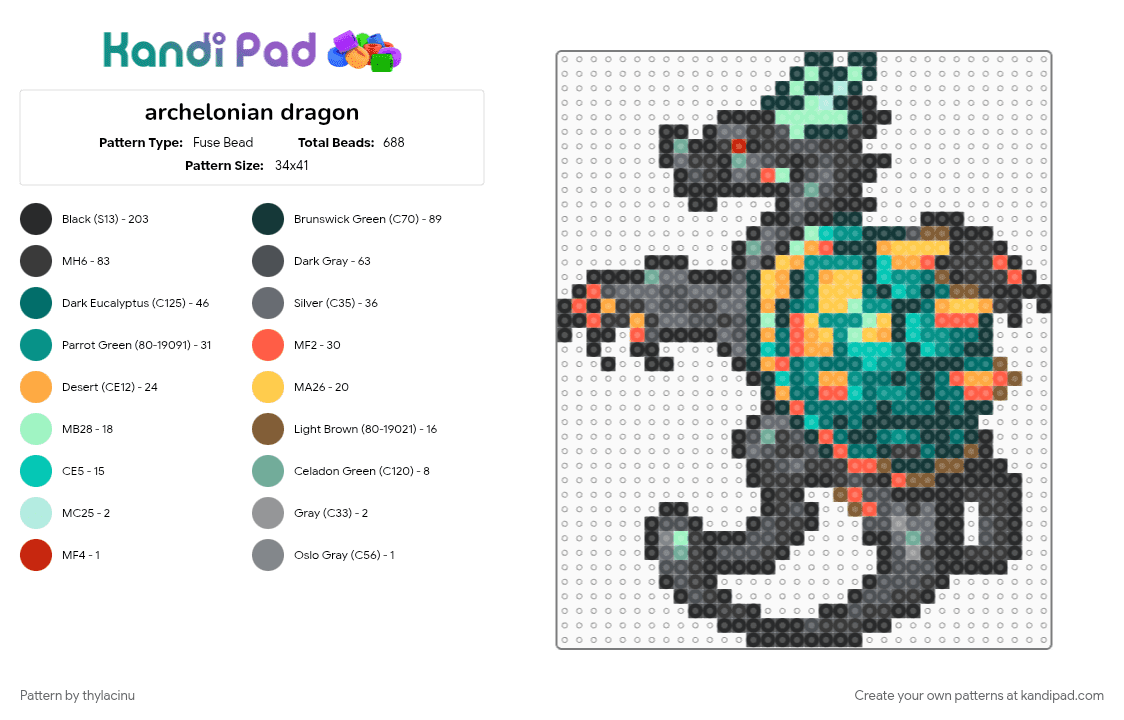 archelonian dragon (dragcave) - Fuse Bead Pattern by thylacinu on Kandi Pad - animal, black, creature, dragon, fantasy, gray, sprite, teal