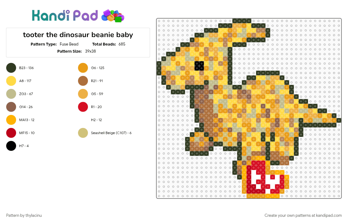 tooter the dinosaur beanie baby - Fuse Bead Pattern by thylacinu on Kandi Pad - animal, beanie baby, cute, dinosaur, gold, orange, prehistoric, tan, yellow