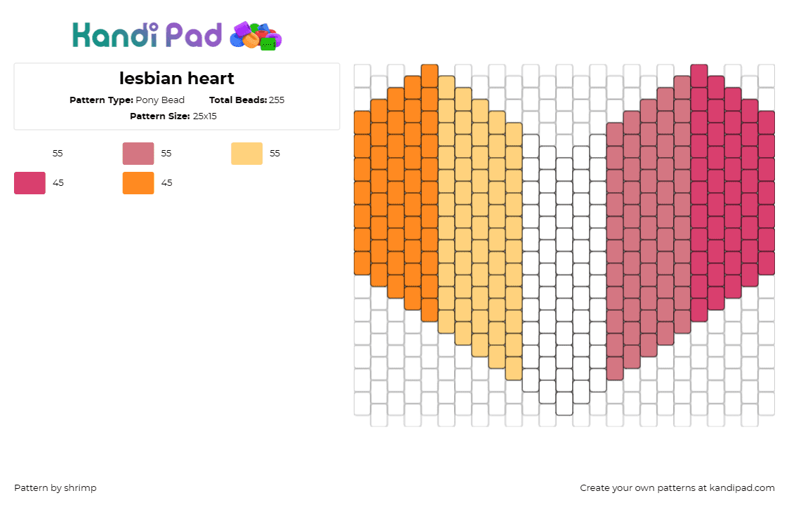 lesbian heart - Pony Bead Pattern by shrimp on Kandi Pad - lesbian,pride,heart,solidarity,bold,identity,statement,love,orange,pink