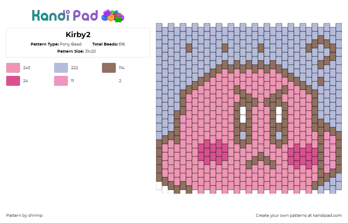 Kirby2 - Pony Bead Pattern by shrimp on Kandi Pad - kirby,nintendo,character,panel,video game,pink