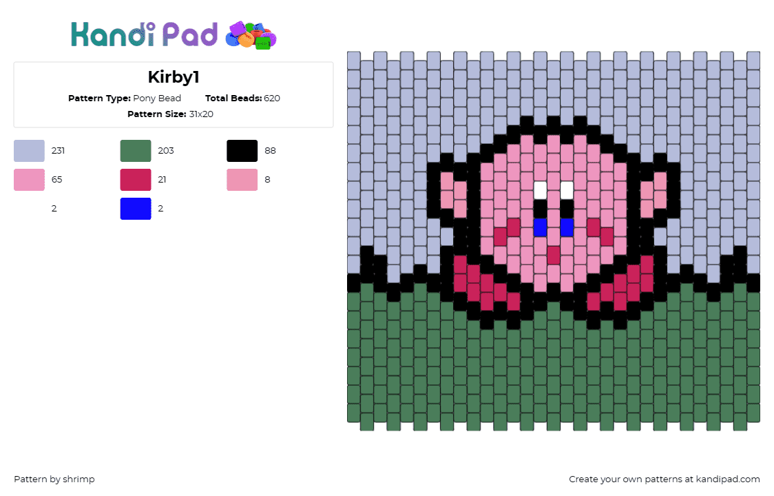 Kirby1 - Pony Bead Pattern by shrimp on Kandi Pad - kirby,nintendo,character,panel,cute,video game,pink,green,purple