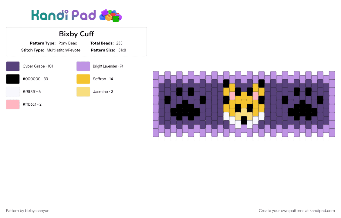 Bixby Cuff - Pony Bead Pattern by bixbyscanyon on Kandi Pad - cuff, fox, fursona, pink, purple, vertical