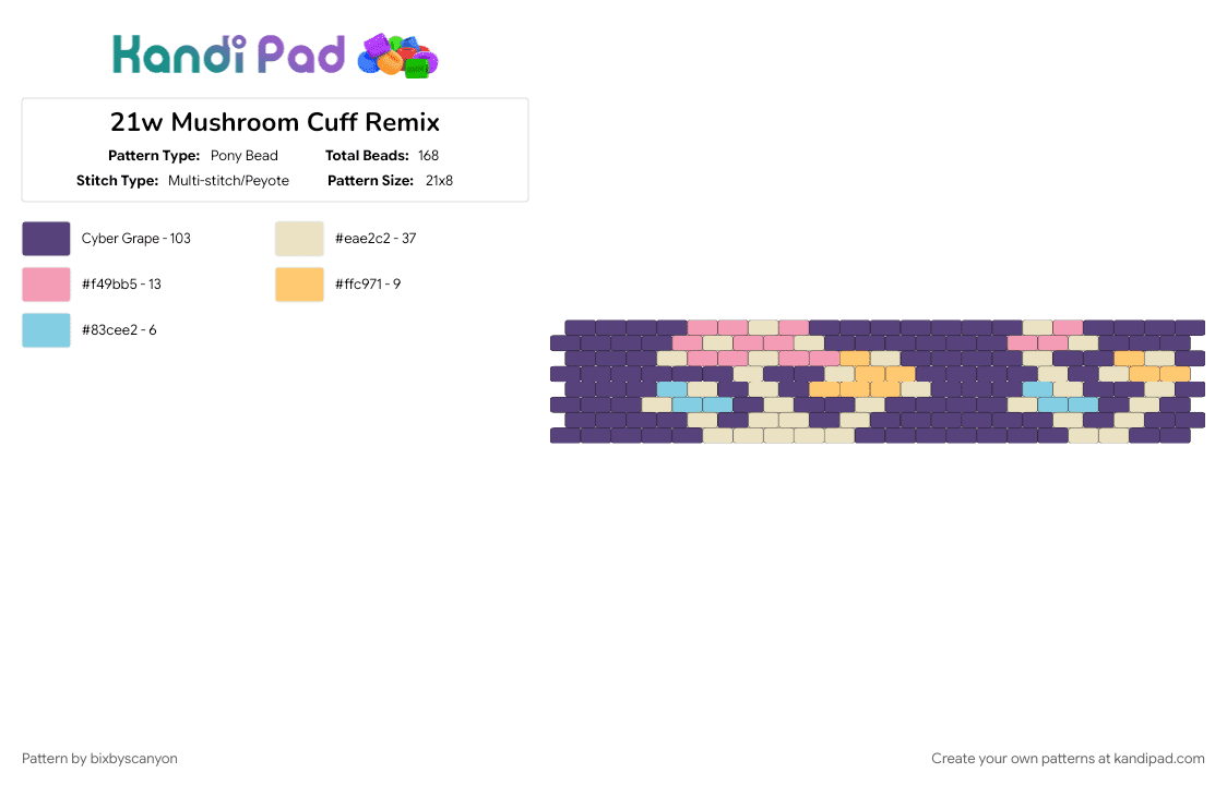 21w Mushroom Cuff Remix - Pony Bead Pattern by bixbyscanyon on Kandi Pad - 21 wide, beige, cuff, horizontal, mushroom, purple