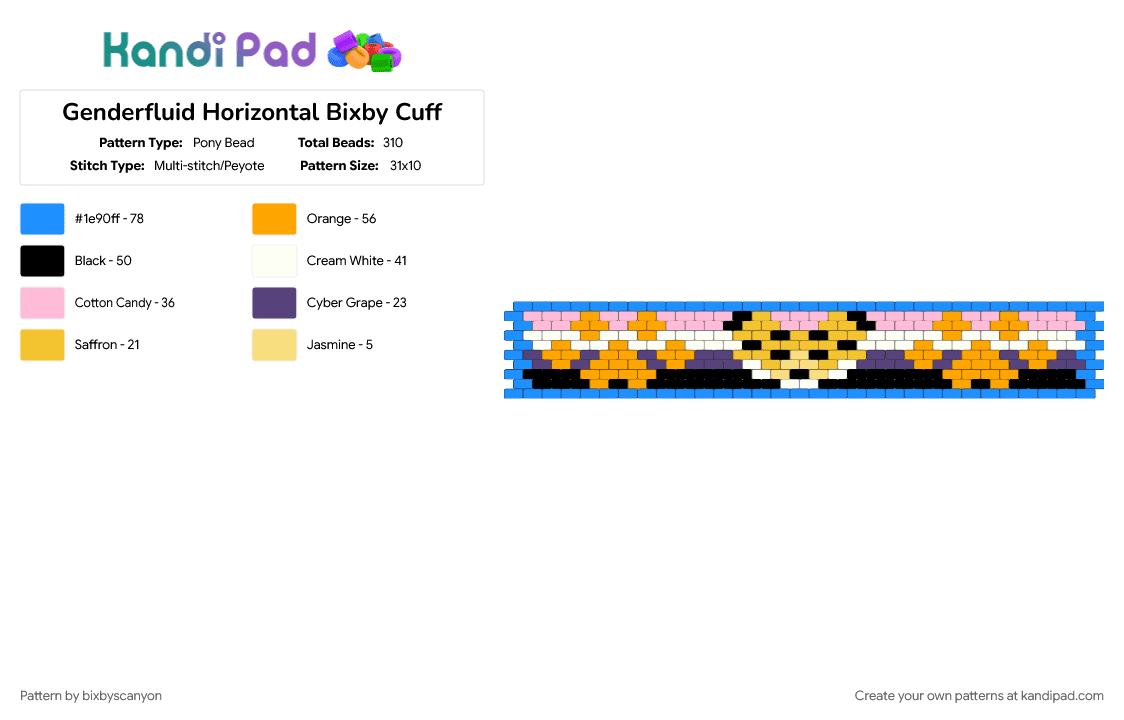 Genderfluid Horizontal Bixby Cuff - Pony Bead Pattern by bixbyscanyon on Kandi Pad - cuff, fursona, horizontal, light blue, orange