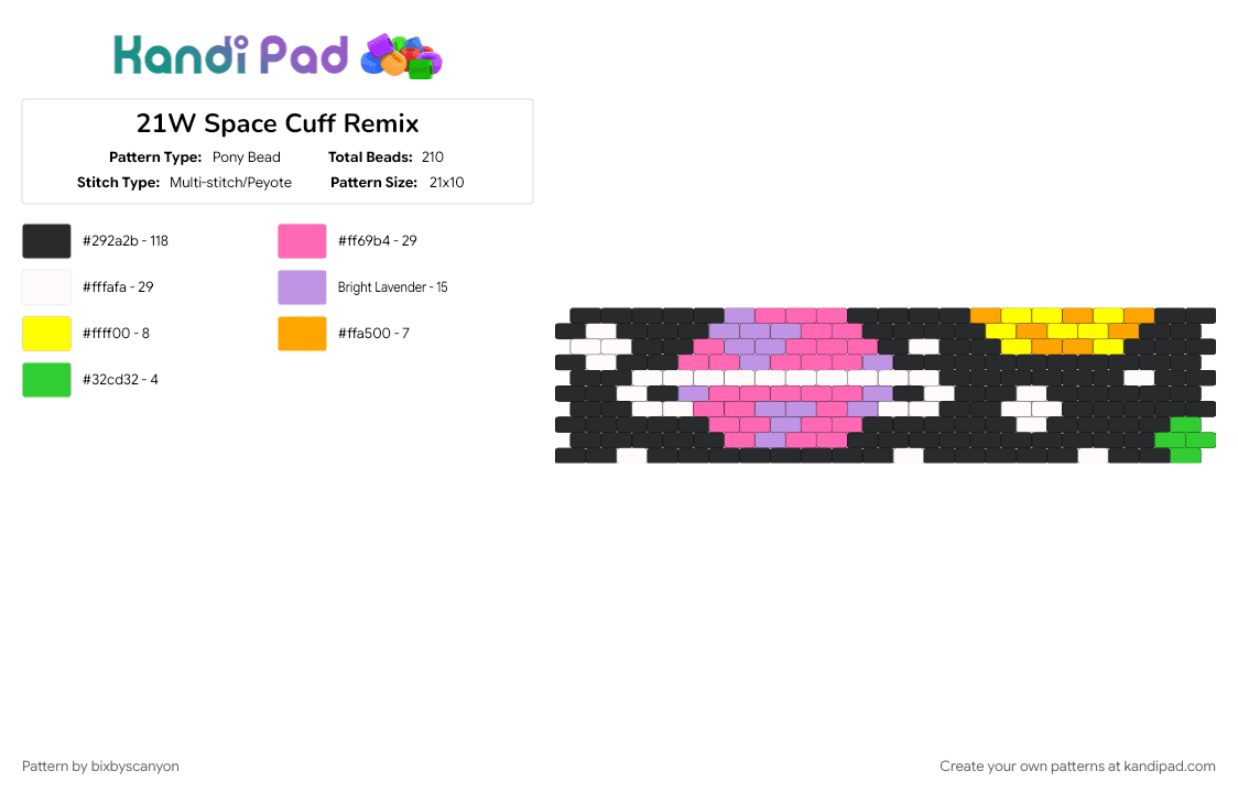 21W Space Cuff Remix - Pony Bead Pattern by bixbyscanyon on Kandi Pad - 21 wide, black, cuff, horizontal, pink, planets, space