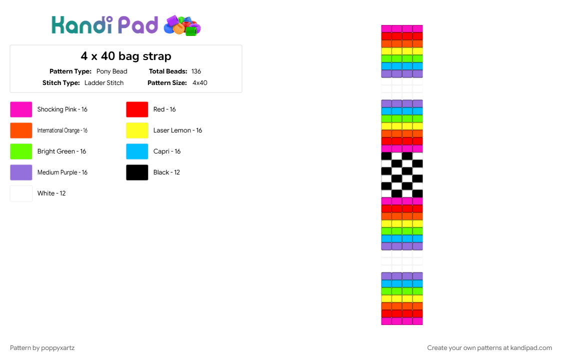 4 x 40 bag strap - Pony Bead Pattern by poppyxartz on Kandi Pad - bag, colorful, light blue, red, yellow