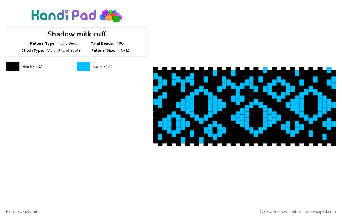 Shadow milk cuff - Pony Bead Pattern by sillymilk on Kandi Pad - black, light blue
