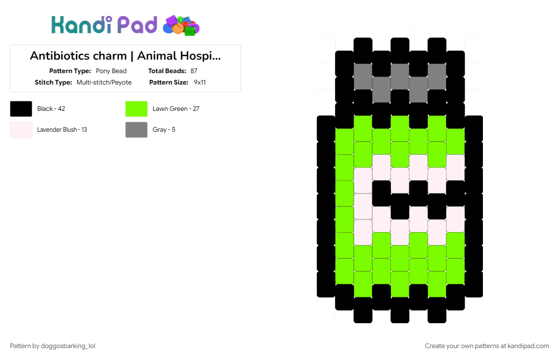 Antibiotics charm | Animal Hospital Anomaly - Pony Bead Pattern by doggosbarking_lol on Kandi Pad - charm, cute, gaming, green, video game