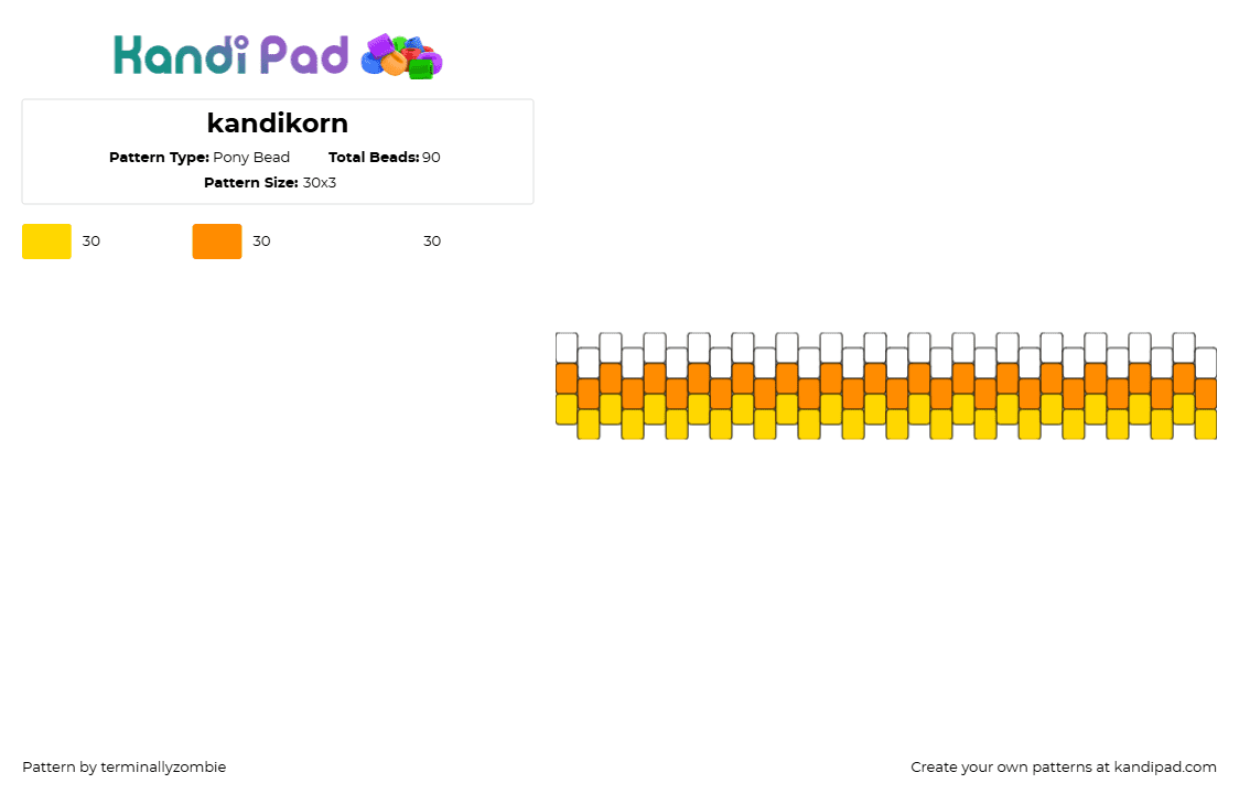 kandikorn - Pony Bead Pattern by terminallyzombie on Kandi Pad - candy corn,simple,bracelet,cuff,halloween,yellow,orange,white