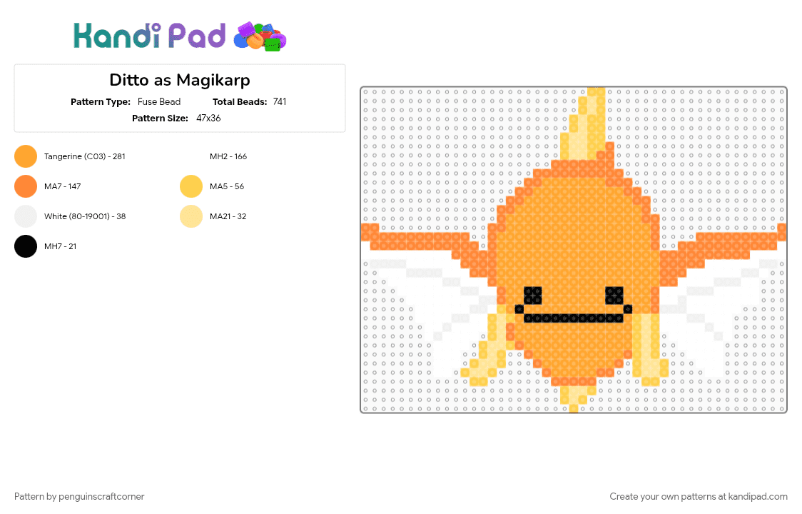Ditto as Magikarp - Fuse Bead Pattern by penguinscraftcorner on Kandi Pad - character, ditto, fish, gaming, head, magikarp, nintendo, orange, pokemon