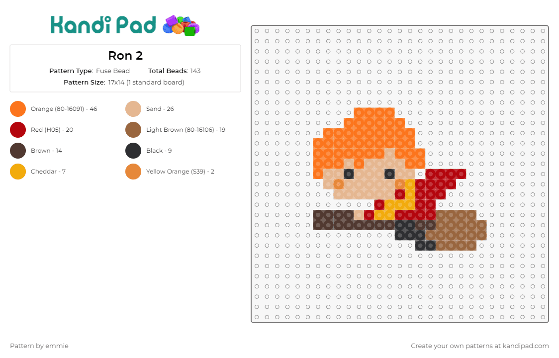 Ron 2 - Fuse Bead Pattern by emmie on Kandi Pad - ron weasley,harry potter,wizard,character,chibi,book,story,movie,broom,orange,tan,red