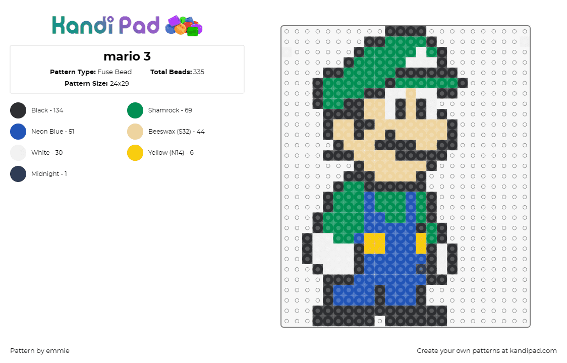 mario 3 - Fuse Bead Pattern by emmie on Kandi Pad - luigi,mario,nintendo,character,video game,classic,green,blue,tan