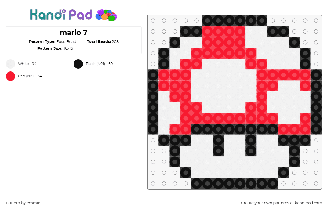 mario 7 - Fuse Bead Pattern by emmie on Kandi Pad - mushroom,mario,nintendo,video game,red,white