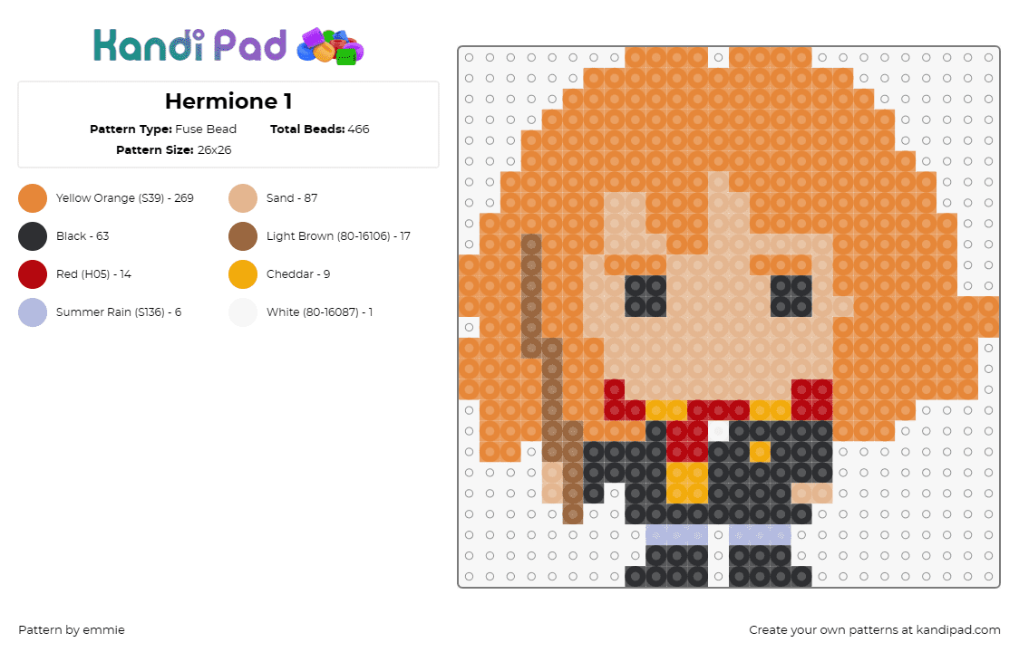 Hermione 1 - Fuse Bead Pattern by emmie on Kandi Pad - hermoine granger,harry potter,wizard,character,chibi,book,story,movie,wand,scarf