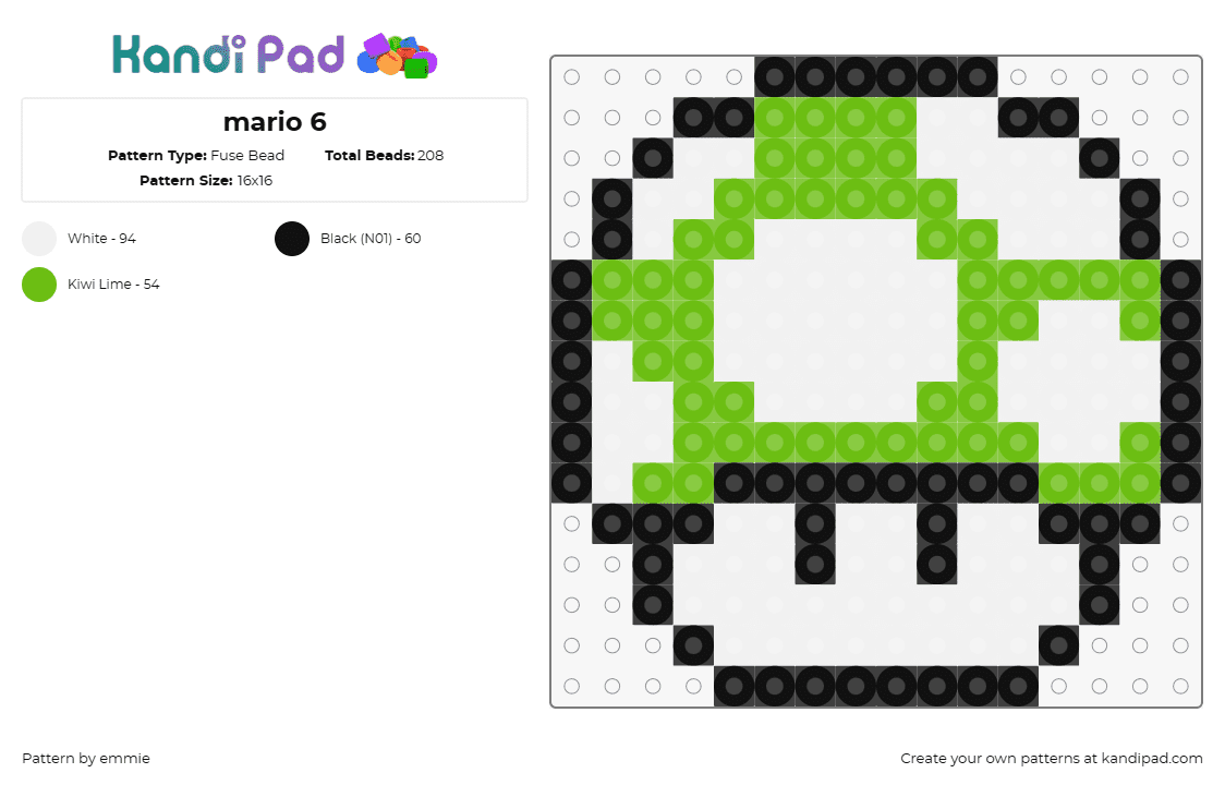 mario 6 - Fuse Bead Pattern by emmie on Kandi Pad - 1up,mushroom,mario,life,nintendo,video game,green,white