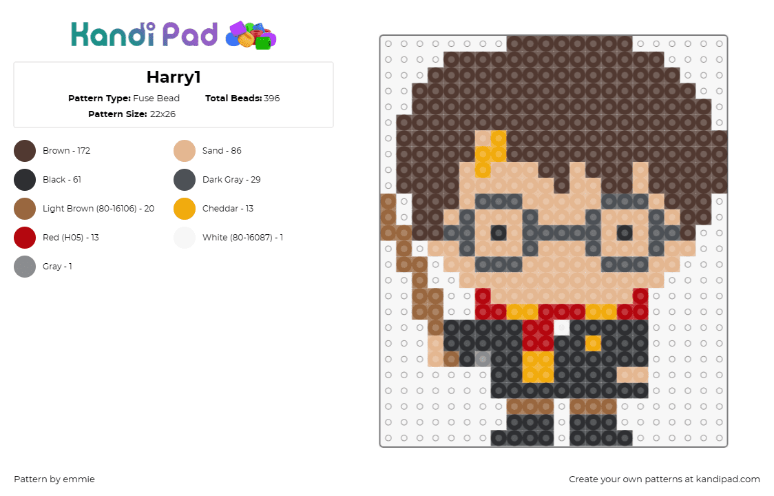 Harry1 - Fuse Bead Pattern by emmie on Kandi Pad - harry potter,wizard,character,chibi,book,story,movie,wand,scarf,glasses,brown,ta