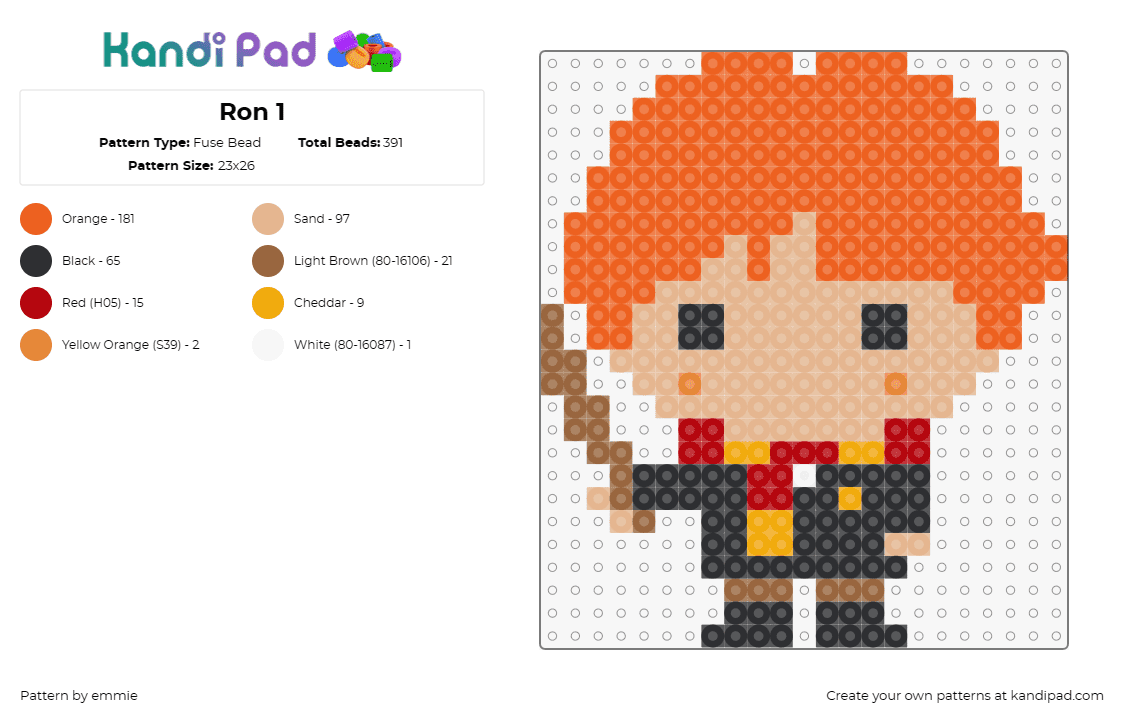 Ron 1 - Fuse Bead Pattern by emmie on Kandi Pad - ron weasley,harry potter,wizard,character,chibi,book,story,movie,wand,scarf,oran