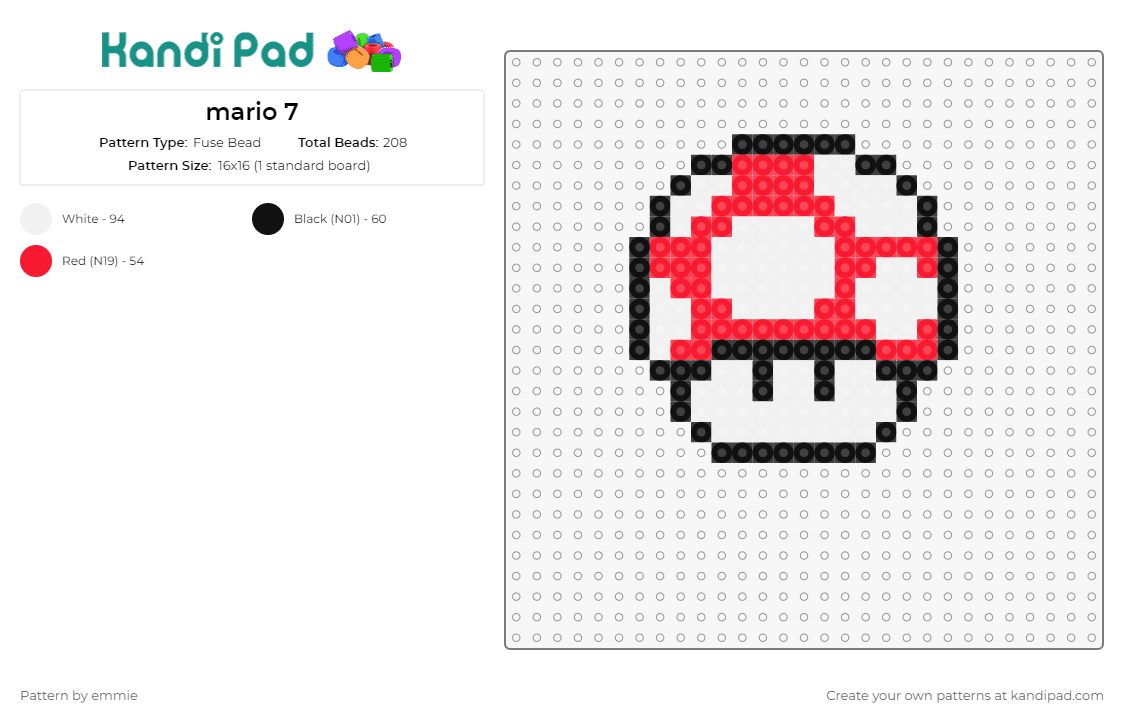 mario 7 - Fuse Bead Pattern by emmie on Kandi Pad - mushroom,mario,nintendo,video game,red,white