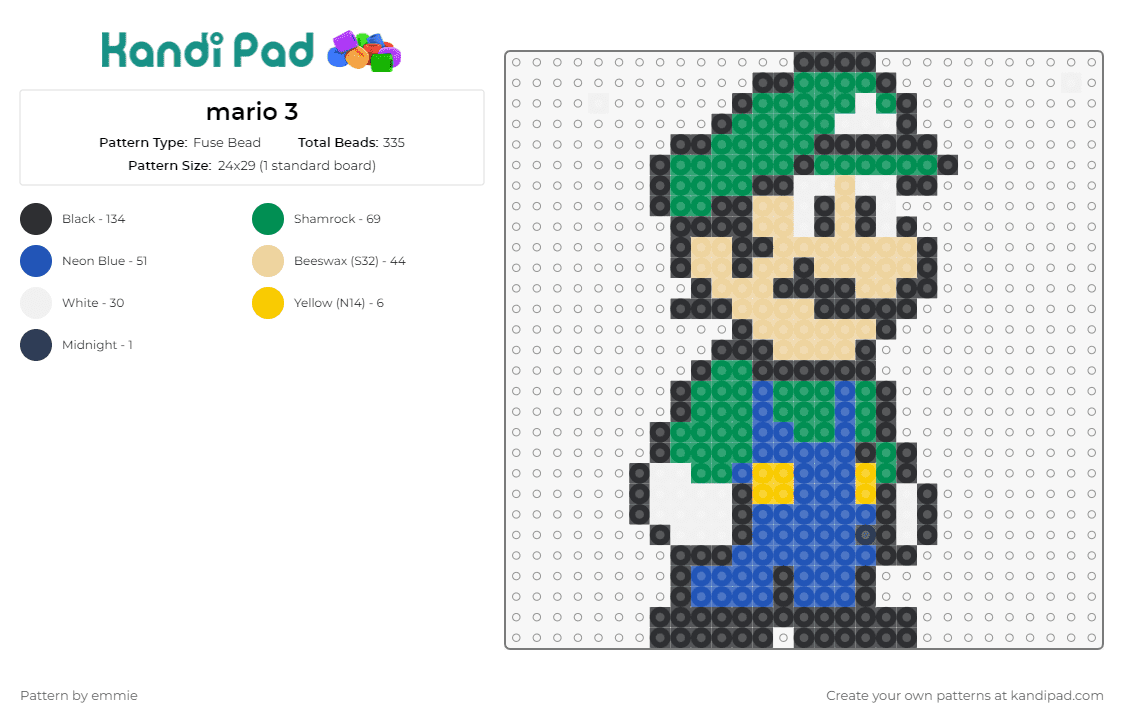 mario 3 - Fuse Bead Pattern by emmie on Kandi Pad - luigi,mario,nintendo,character,video game,classic,green,blue,tan