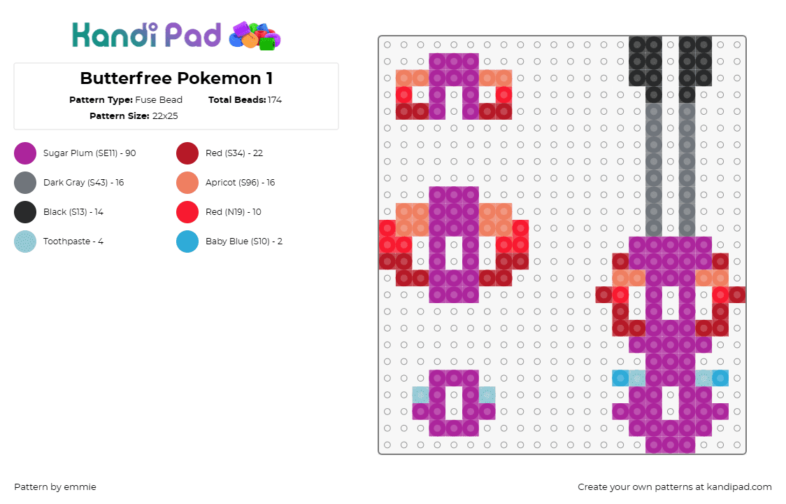 Butterfree Pokemon 1 - Fuse Bead Pattern by emmie on Kandi Pad - butterfree,pokemon,3d,character,puzzle,gaming,purple,pink