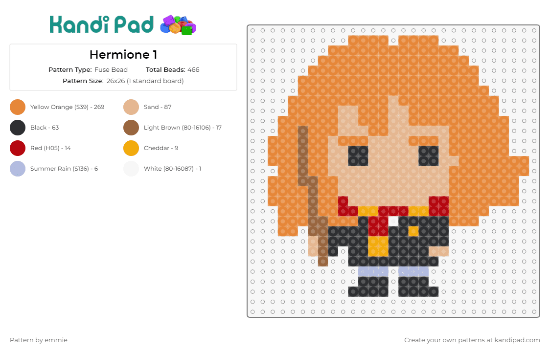 Hermione 1 - Fuse Bead Pattern by emmie on Kandi Pad - hermoine granger,harry potter,wizard,character,chibi,book,story,movie,wand,scarf,orange,tan,black