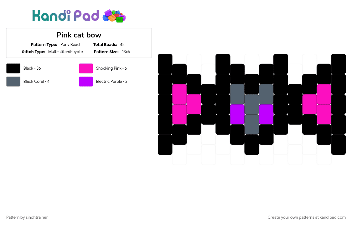 Pink cat bow - Pony Bead Pattern by sinohtrainer on Kandi Pad - black, pink, purple