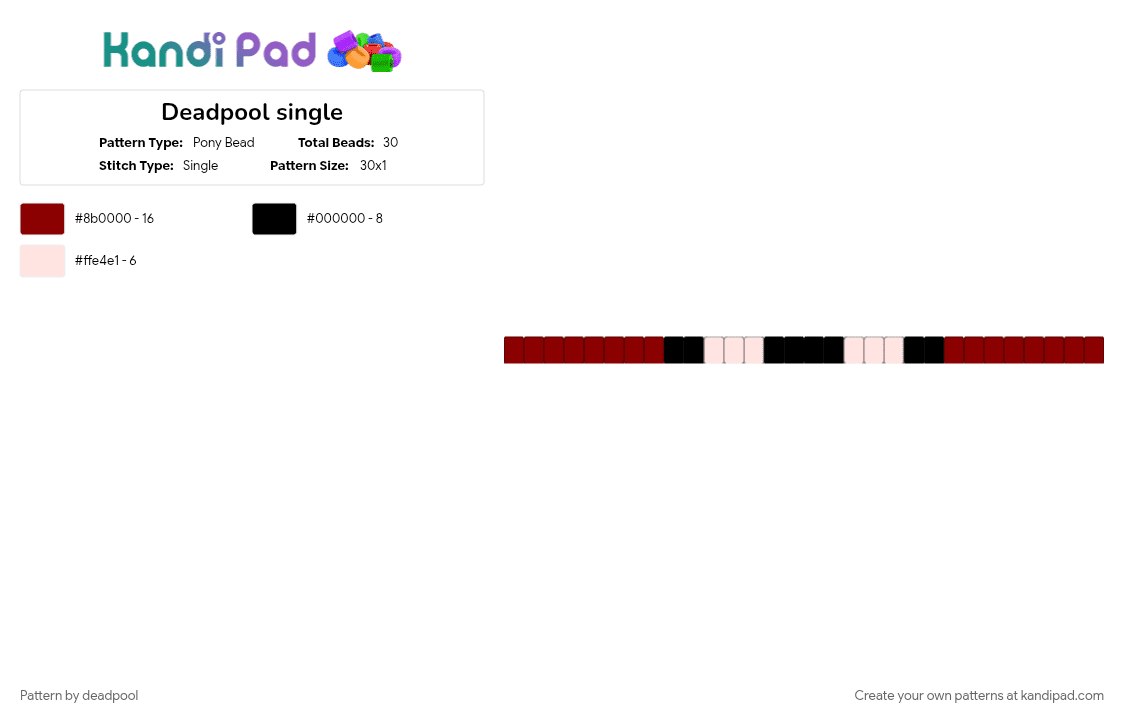 Deadpool single - Pony Bead Pattern by deadpool on Kandi Pad - deadpool, red, single, white