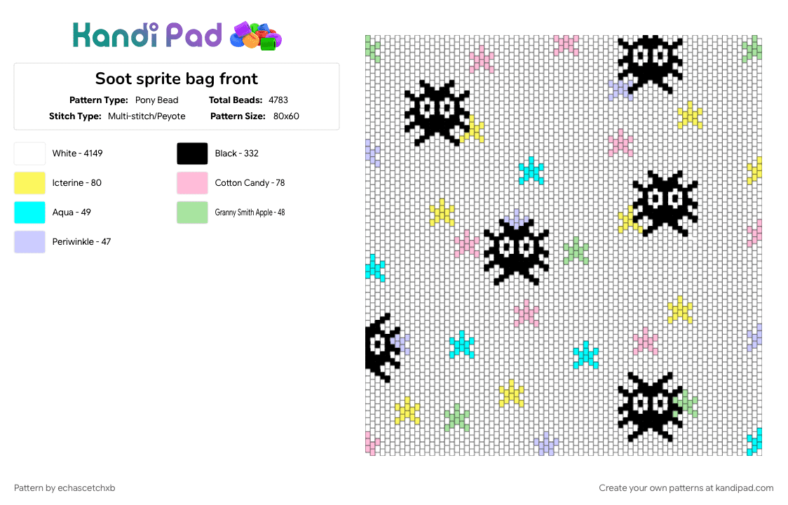 Soot sprite bag front - Pony Bead Pattern by echascetchxb on Kandi Pad - panel, pink, soot sprite, white, yellow