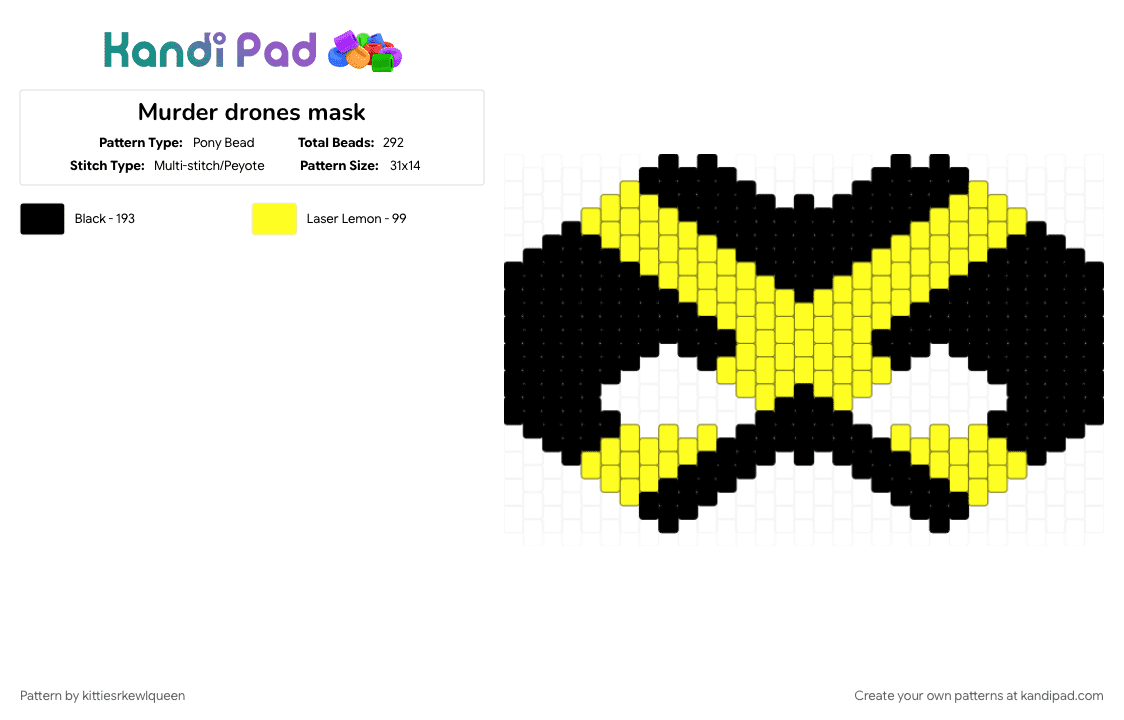 Murder drones mask - Pony Bead Pattern by kittiesrkewlqueen on Kandi Pad - black, mask, murder drones, x, yellow