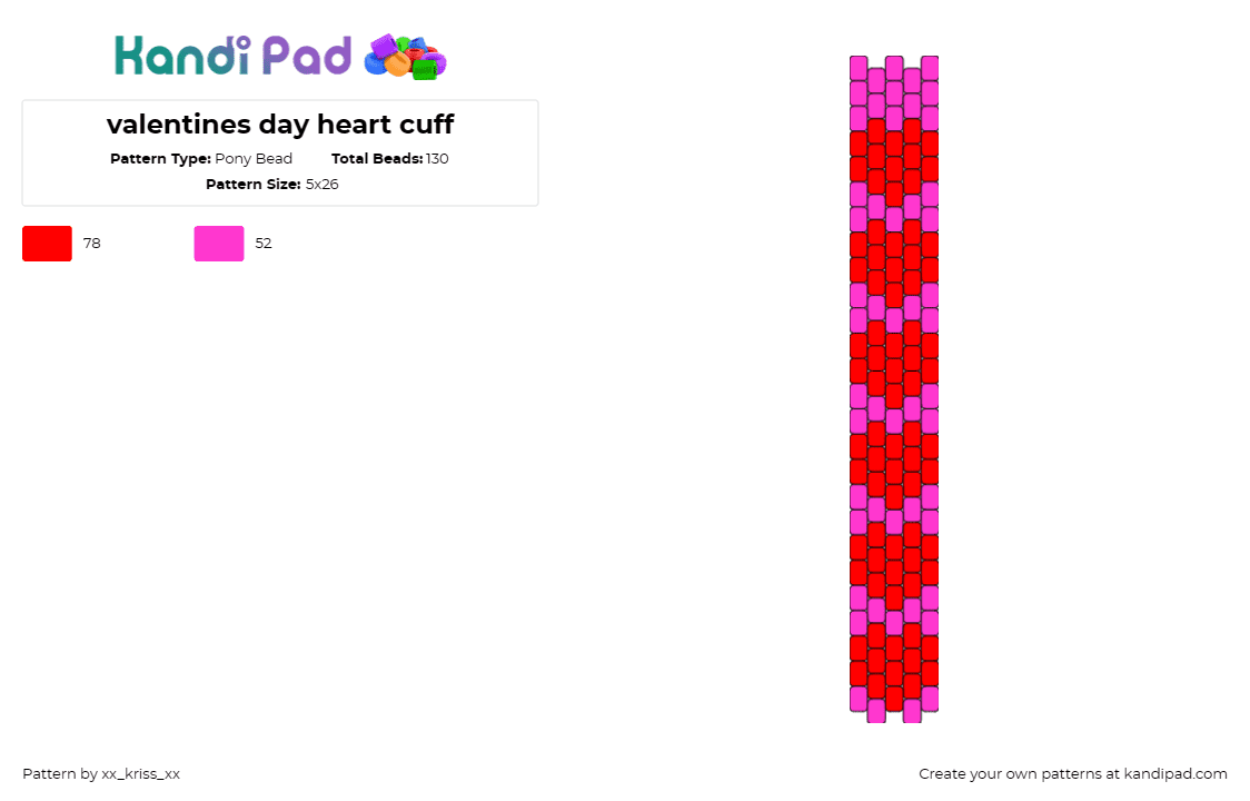 valentines day heart cuff - Pony Bead Pattern by xx_kriss_xx on Kandi Pad - valentine,heart,love,cute,cuff,bracelet