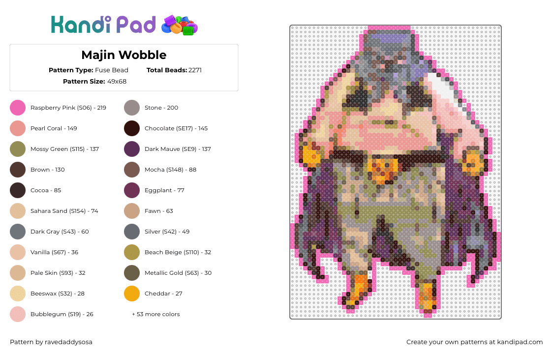 Majin Wobble - Fuse Bead Pattern by ravedaddysosa on Kandi Pad - majin,mr wobble,dragon ball z,ganja white night,mashup,music,dj,anime,tv show,character,purple,tan