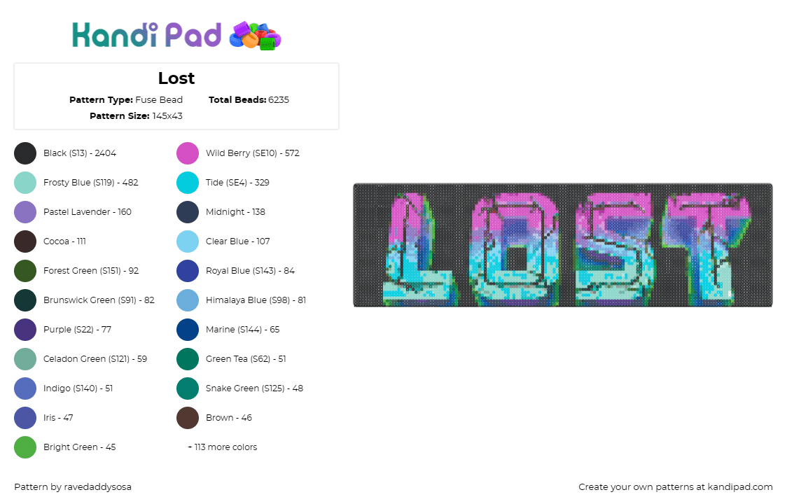 Lost - Fuse Bead Pattern by ravedaddysosa on Kandi Pad - lost lands,festival,logo,text,stone,edm,bold,music,purple,teal