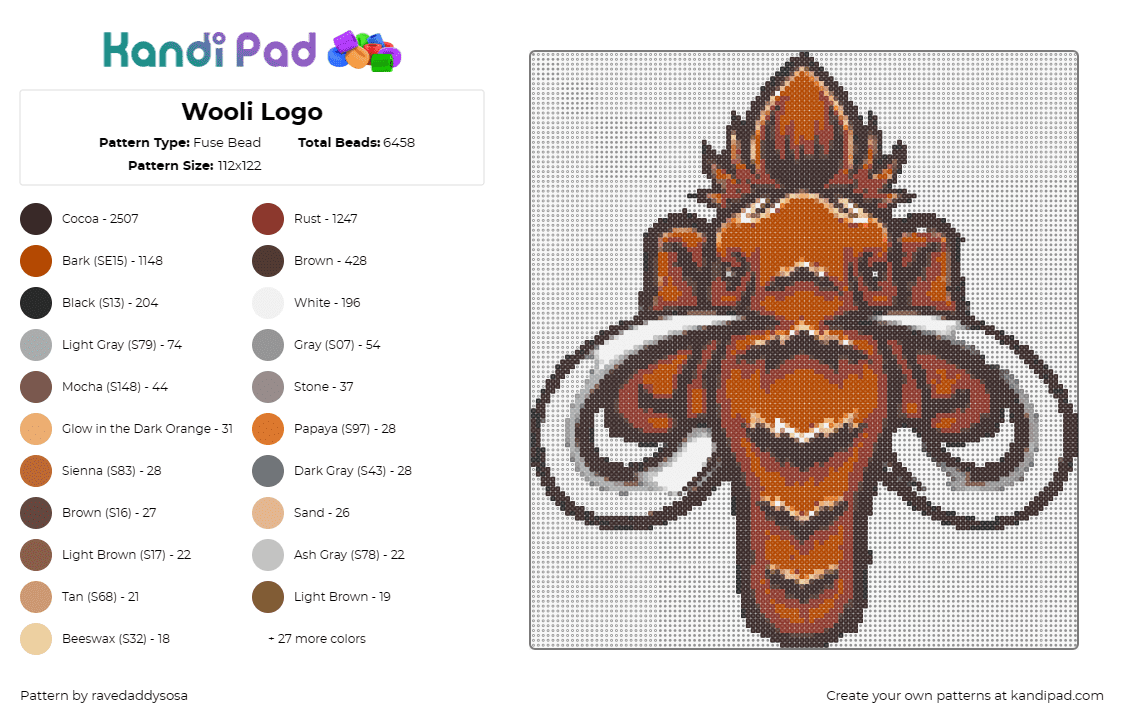 Wooli Logo - Fuse Bead Pattern by ravedaddysosa on Kandi Pad - wooli,mammoth,prehistoric,animal,dj,edm,music,brown,gray