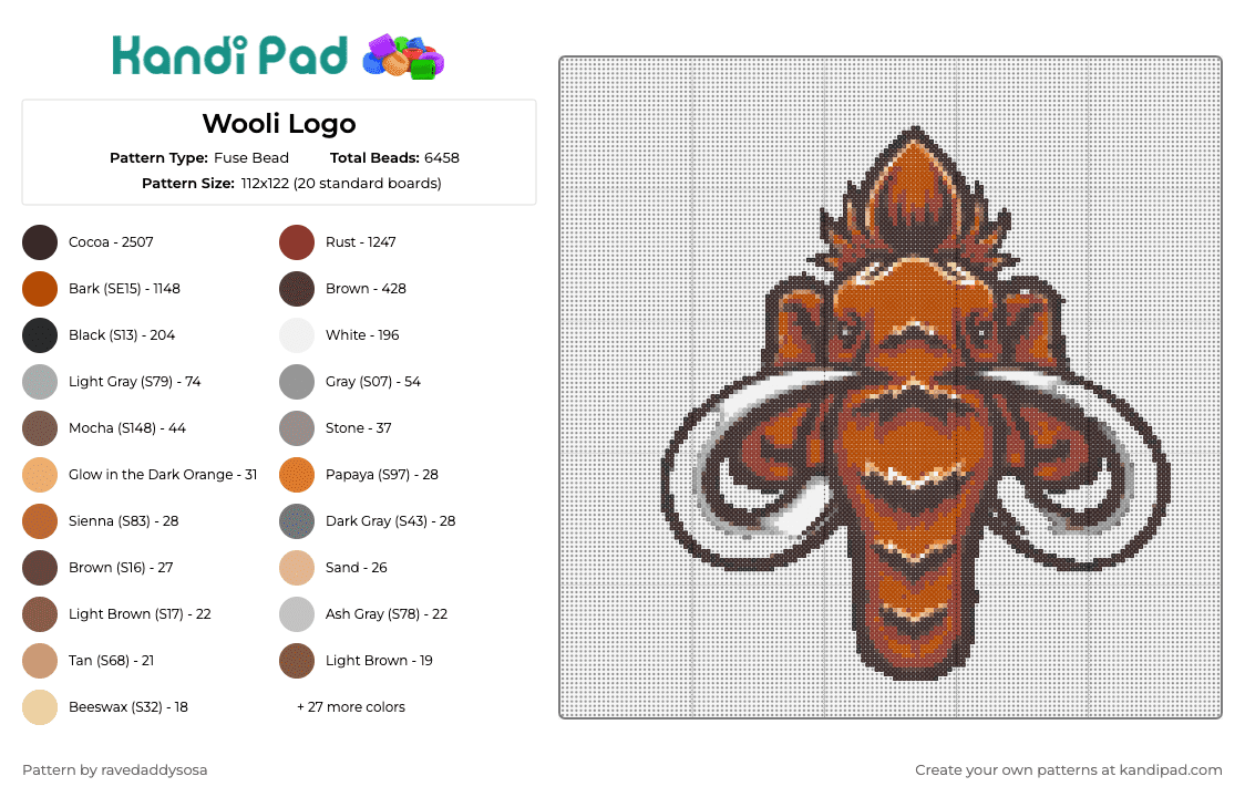 Wooli Logo - Fuse Bead Pattern by ravedaddysosa on Kandi Pad - wooli,mammoth,prehistoric,animal,dj,edm,music,brown,gray