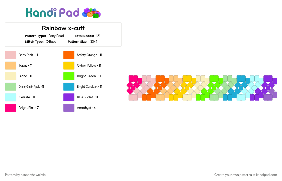 Rainbow x-cuff - Pony Bead Pattern by caspertheweirdo on Kandi Pad - light blue, orange, purple, yellow