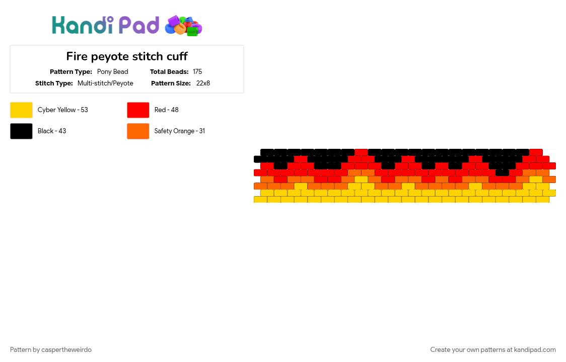 Fire peyote stitch cuff - Pony Bead Pattern by caspertheweirdo on Kandi Pad - cotdfiery, red, yellow