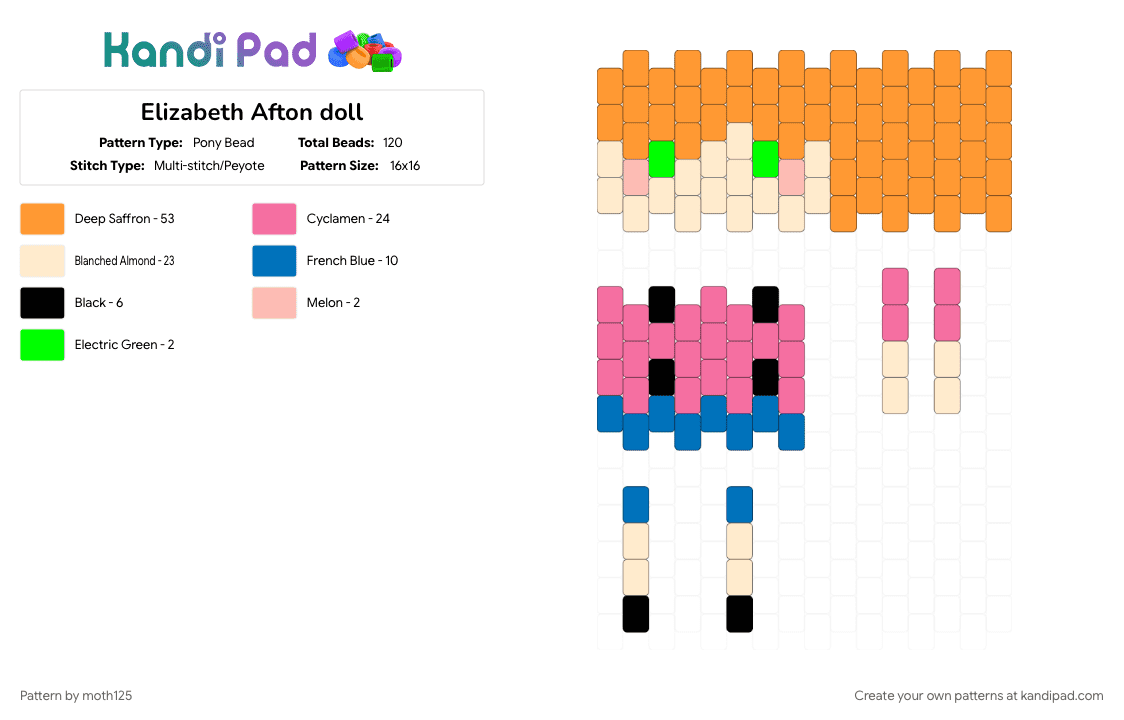 Elizabeth Afton doll - Pony Bead Pattern by moth125 on Kandi Pad - beige, doll, fnaf, orange, pink