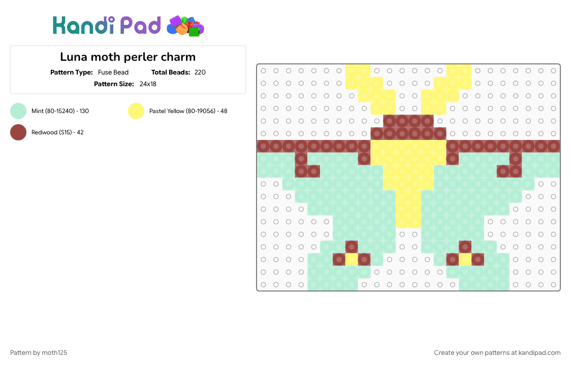Luna moth perler charm - Fuse Bead Pattern by moth125 on Kandi Pad - animal, light blue, moth