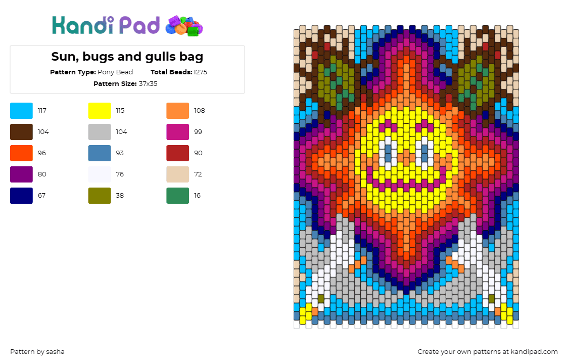 Sun, bugs and gulls bag - Pony Bead Pattern by sasha on Kandi Pad - sun,seagulls,insects,panel,bag,colorful,face,happy,bright,yellow,orange,light bl