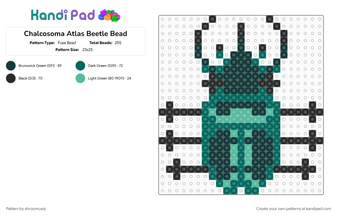 Chalcosoma Atlas Beetle Bead - Fuse Bead Pattern by shroomcarp on Kandi Pad - black, teal