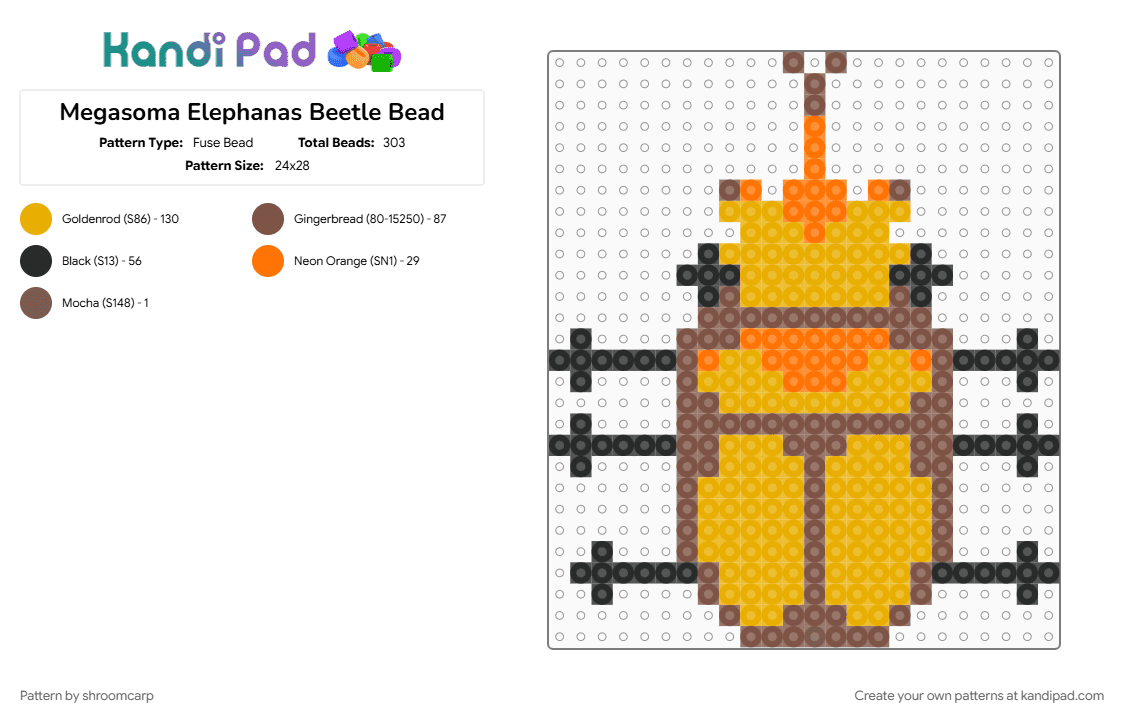 Megasoma Elephanas Beetle Bead - Fuse Bead Pattern by shroomcarp on Kandi Pad - orange, tan