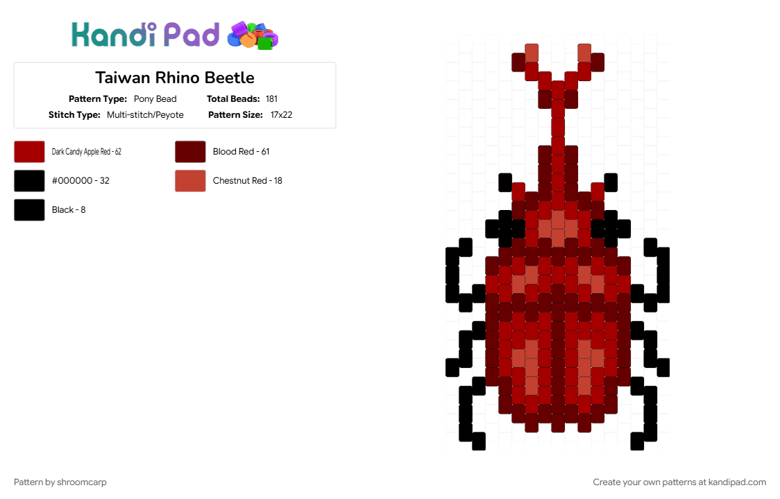 Taiwan Rhino Beetle - Pony Bead Pattern by shroomcarp on Kandi Pad - beetle, brown, bug, red