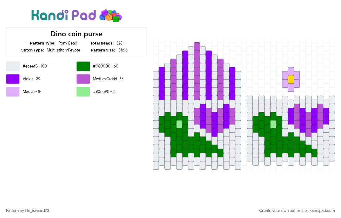 Dino coin purse - Pony Bead Pattern by life_isweird23 on Kandi Pad - green, pink, purple, white