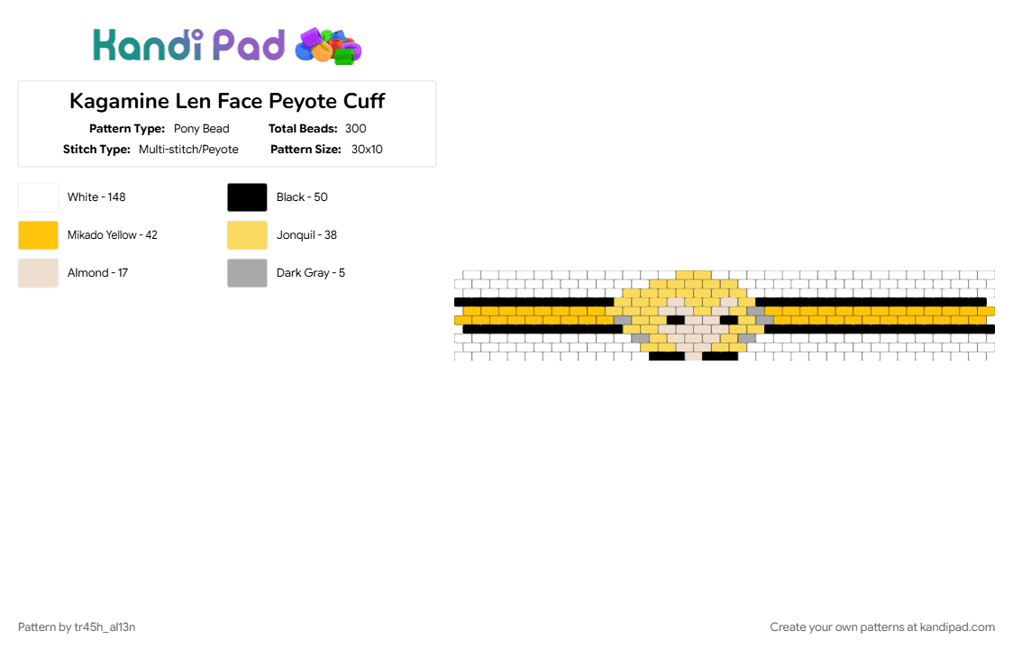 Kagamine Len Face Peyote Cuff - Pony Bead Pattern by tr45h_al13n on Kandi Pad - kagamine len, len, peyote, pjsk, vocaloid, white, yellow