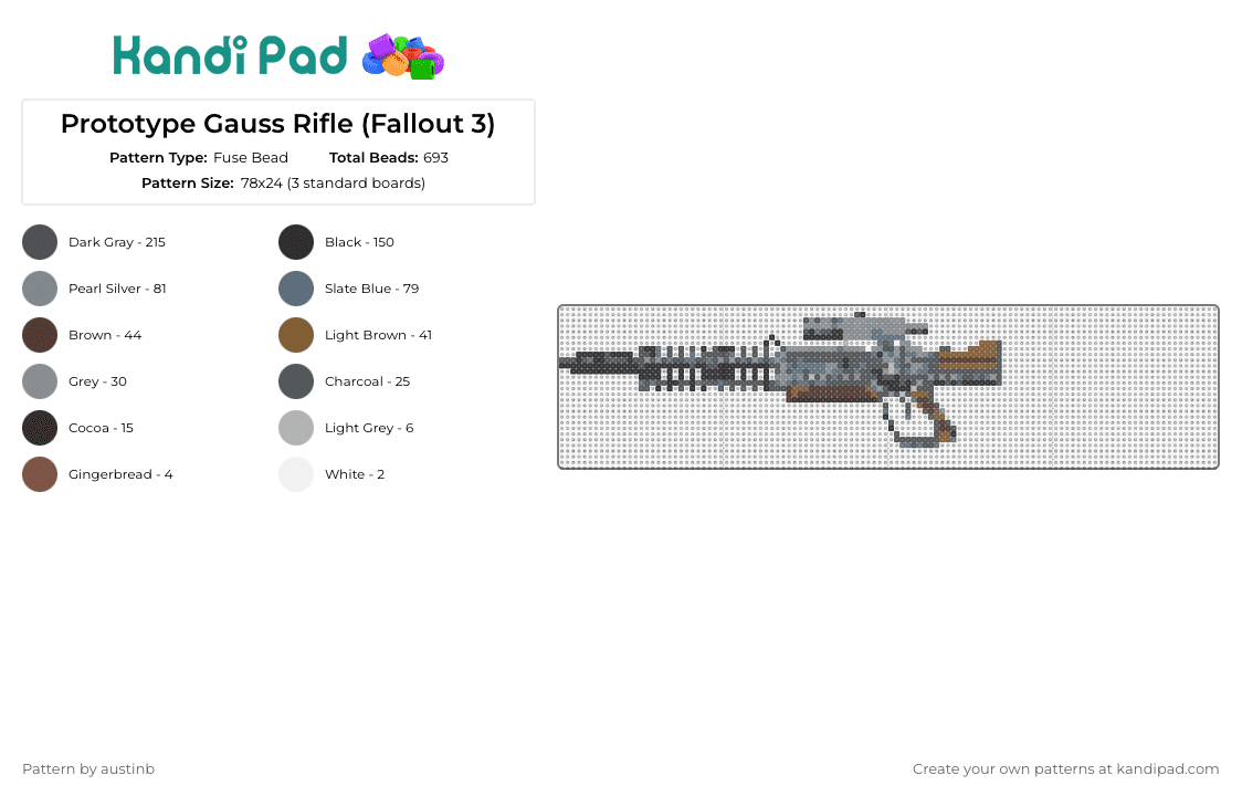 Prototype Gauss Rifle (Fallout 3) - Fuse Bead Pattern by austinb on Kandi Pad - prototype gauss,rifle,fallout,gun,weapon,video game,gray,brown