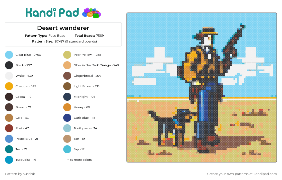 Desert wanderer - Fuse Bead Pattern by austinb on Kandi Pad - desert,cowboy,dog,weapon,sky,travel,adventure,light blue,tan