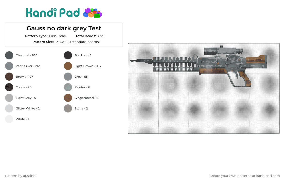 Gauss no dark grey Test - Fuse Bead Pattern by austinb on Kandi Pad - prototype gauss,rifle,fallout,gun,weapon,video game,gray,brown