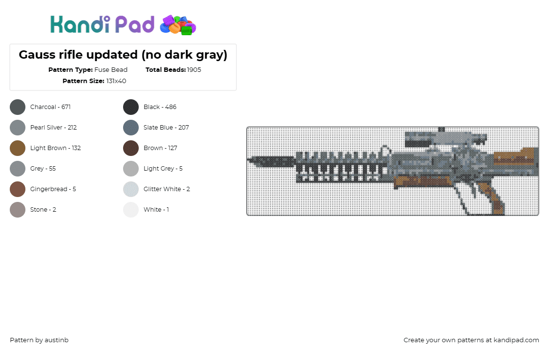 Gauss rifle updated (no dark gray) - Fuse Bead Pattern by austinb on Kandi Pad - prototype gauss,rifle,fallout,gun,weapon,video game,gray,brown